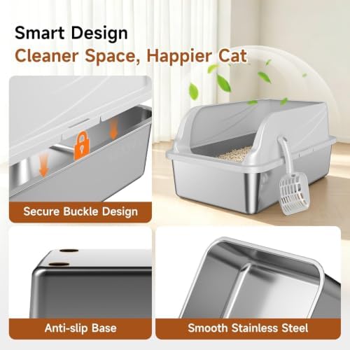 Stainless Steel XL Cat Litter Box, High‑Sides Anti‑Spill Metal Litter Pan - Image 4