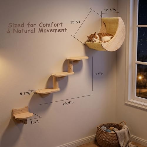 Cat Wall Shelves, Solid Wood Moon Bed, 3-Step Ladder & Perch - Image 5