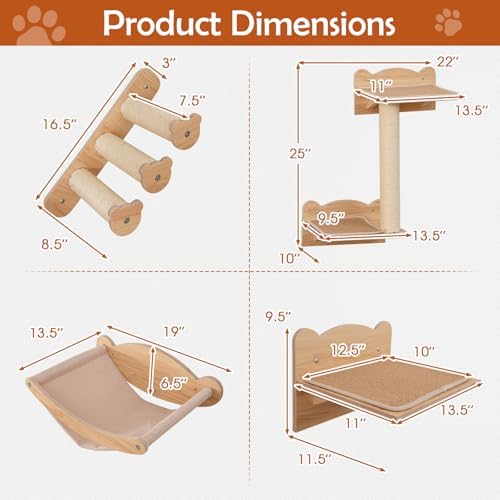 Tangkula Cat Wall Shelves, 4 Pieces Wooden Wall Mounted Kitten Furniture Set - Image 3