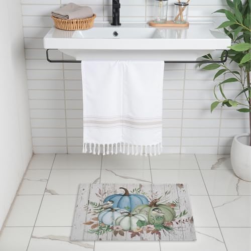 Giwawa Blue Pumpkin Bath Rug Autumn Leaves Bathroom Mat Non Slip Absorbent - Image 2