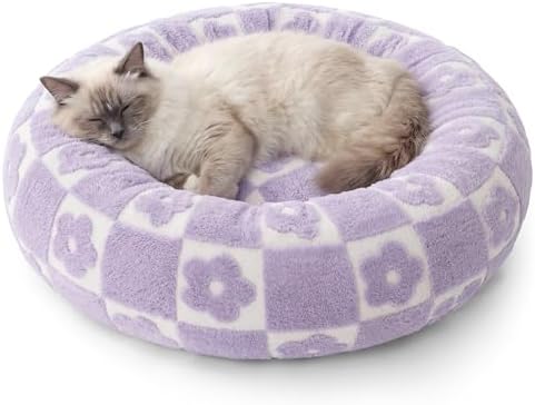 LE SURE Shown on TV Jacquard Donut Cat Beds Indoor, Flower Checks 20x20x6in by Lesure