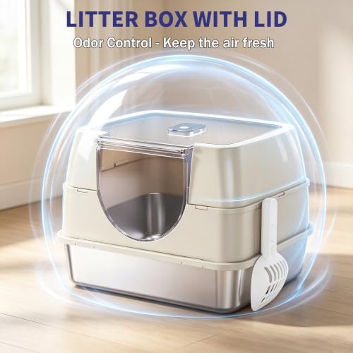 Flip-top Stainless Steel cat Litter Box, Fully Enclosed cat Toilet - Image 6