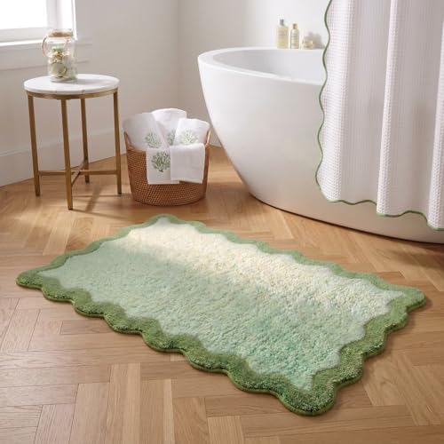Cute Green Scalloped Bathroom Mat, Fun Plush Luxury Microfiber Bath Rug by Casasphere