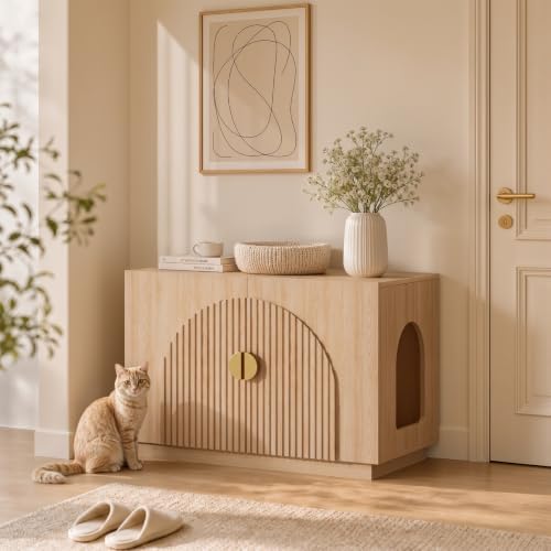 Amunrbrek Cat Litter Box Enclosure Furniture, 31.5" Arched Fluted Cabinet - Image 5