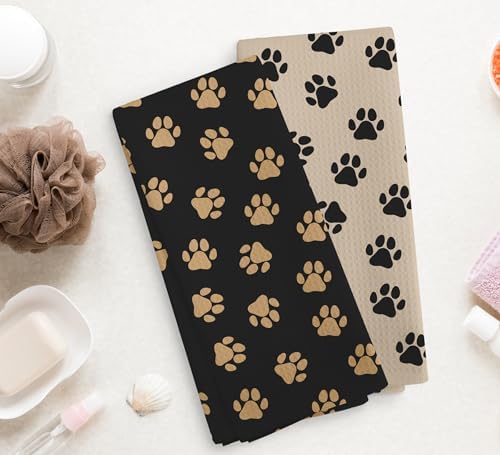 Black and Brown Dog Paws Kitchen Towels and Dishcloths Set of 2, Dog Paw Print - Image 2