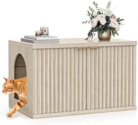 Homhedy Cat Litter Box Enclosure, Modern Fluted Accent, Cream Gray by Homhedy