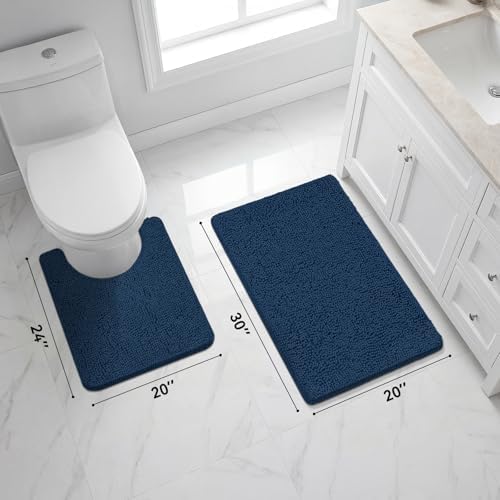 Bcoimo U Shaped Bath Rug Mat Set, 2 Piece Chenille Navy Toilet Bathroom Rugs - Image 5