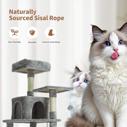 61 Inch Cat Tree with Platform & Hammock, Plush Perch Scratcher & Playhouse - Image 4