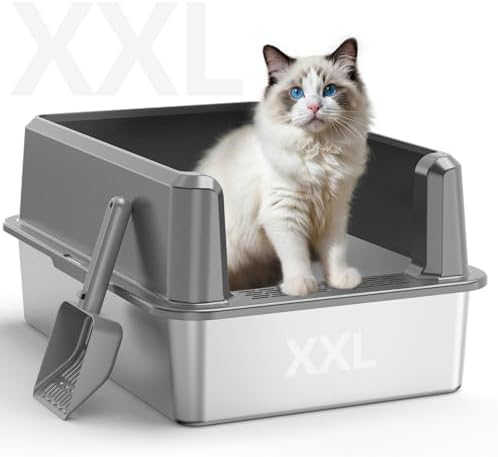 Stainless Steel Cat Litter Box, XXL High Sided Open Top Litter Pan, 1 Scoop by CatLitterBox