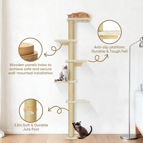 PAWSCRAT 5-Tier Wall-Mounted Cat Tree, 80-Inch Sisal Post - Image 3