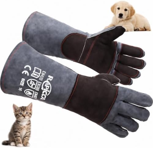 RAPICCA Animal Handling Gloves, Bite Proof Double Leather, 16 in Grey-Black by RAPICCA