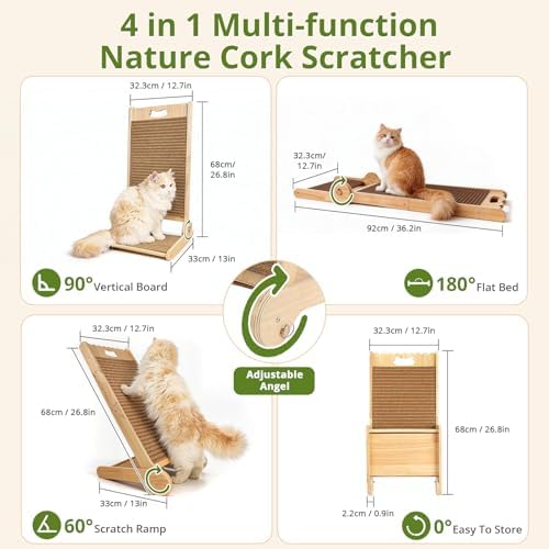 4-in-1 Adjustable Cat Scratch Pad, Nature Cork Scratching mat, 32 inch Foldable - Image 2