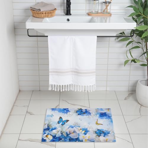 Giwawa Blue Floral Bath Rug Flower Butterfly Bathroom Carpet Extra Soft Plush - Image 2