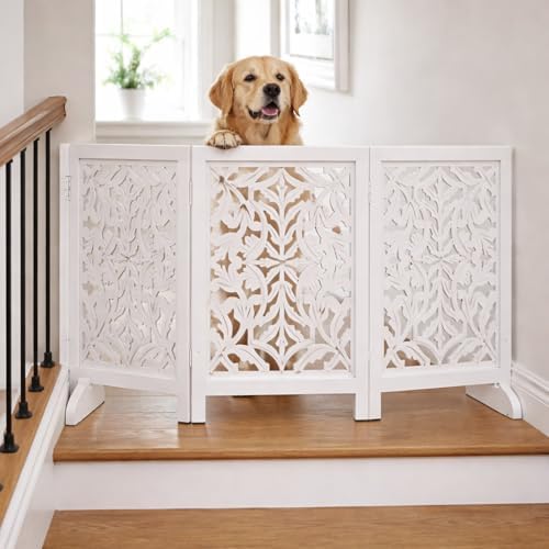 Wooden Dog Gate 54x24, 3 Panel Foldable Pet Gate, Indoor White - Image 5