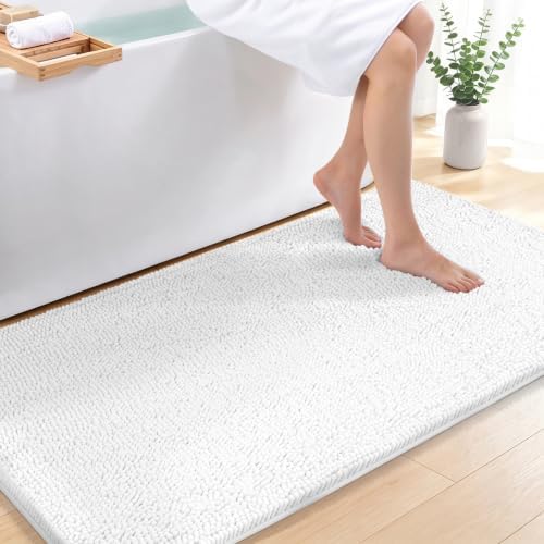 Bcoimo Bath Rug Mat, Chenille Extra Soft White Long Bathroom Runner Tub Rug by Bcoimo
