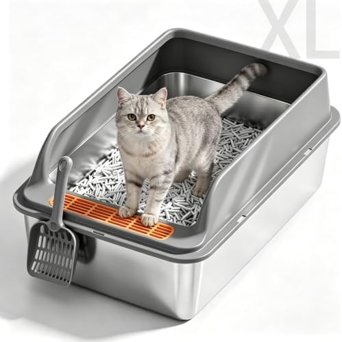 High-Sided XL Stainless Steel Cat Litter Box, Includes Scoop by YIFRHYO