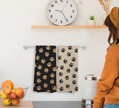 Black and Brown Dog Paws Kitchen Towels and Dishcloths Set of 2, Dog Paw Print - Image 3