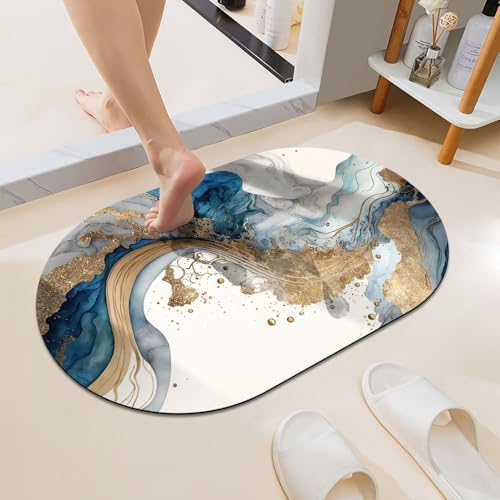 Natural Blue and Gold Marble Super Absorbent Quick-Drying Bathroom Mat Rug by ZHUZHISHAN