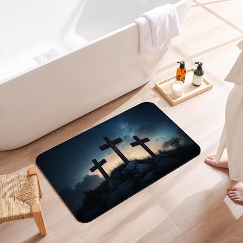 Three Wooden Cross Bathroom Rugs, Non Slip Quick Dry Starry Sky Night Bath Mats - Image 3