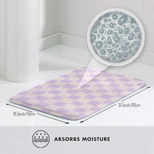 Purple Checkered Grid Bath Mat Non-Slip Soft Microfiber Bathroom Rugs Washable - Image 5