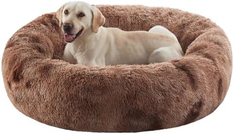 45 in Faux Fur Donut Dog Bed for Extra Large Dogs, Tie-dye Brown by BedStillLoveStill