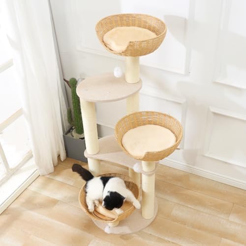 SHENGOCASE Modern Cat Tree Tower, Wooden Condo, 3 Large Rattan Wicker Basket - Image 2