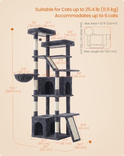 Feandrea Large Cat Tree, 72.6" Tall Sturdy Cat Tower - Image 6
