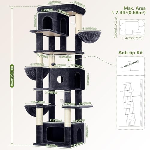 Globlazer Large Cat Tree, 80in Tall Climbing Tower, Dark Grey - Image 6