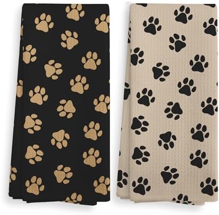 Black and Brown Dog Paws Kitchen Towels and Dishcloths Set of 2, Dog Paw Print by NOQL