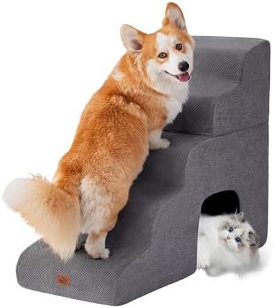 Gray Curved Dog Stairs Ramp for High Beds 28.7" H, 5-Step Dog Steps for Small by MASSFU