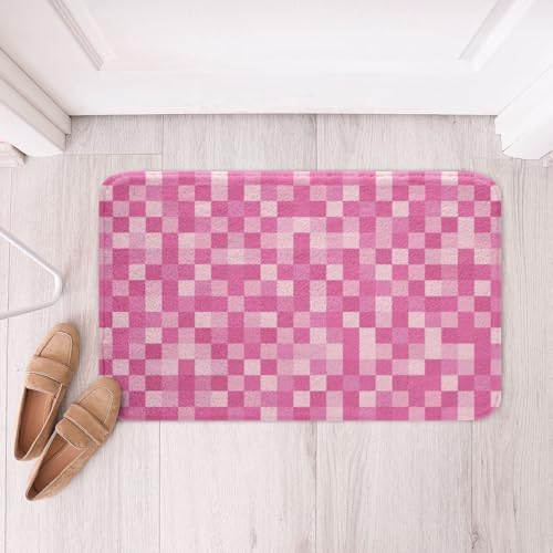 Pixelated Style Bathroom Rug, Geometric Square Grid Non Slip Bath Mat - Image 3