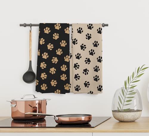 Black and Brown Dog Paws Kitchen Towels and Dishcloths Set of 2, Dog Paw Print - Image 5