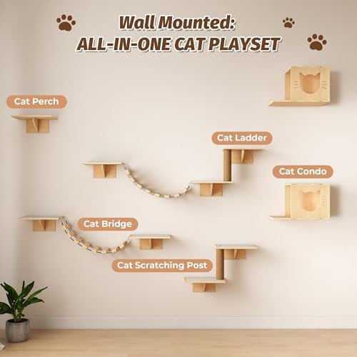 NYEEKOY Cat Wall Shelves, Wood 8-in-1 Cat Wall Furniture Set, Large Cat Shelves - Image 3