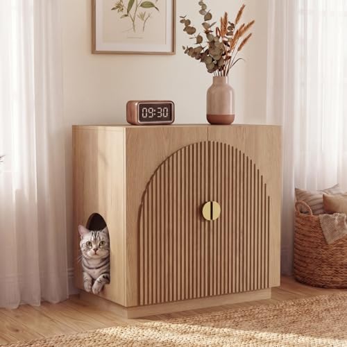 Amunrbrek Large Litter Box Enclosure, Fluted Hidden Cat Litter Box Cabinet by Amunrbrek