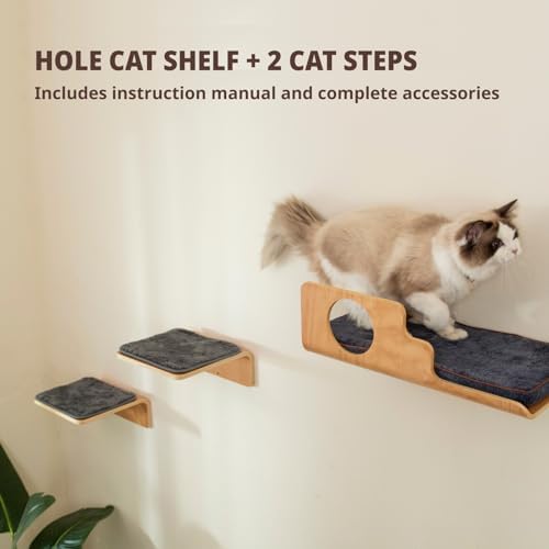LIORCE Cat Wall Shelves with 2 Steps, Creative Design Cat Shelf with Peephole - Image 5