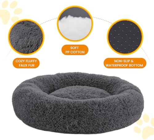 Calming Dog Beds for Large Dogs, Faux Fur Donut Cuddler Dog Bed, Round Fluffy - Image 4