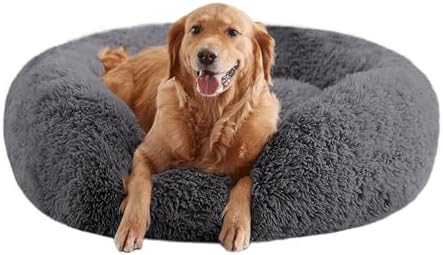 Calming Dog Beds for Large Dogs, Faux Fur Donut Cuddler Dog Bed, Round Fluffy by URGVANZPET