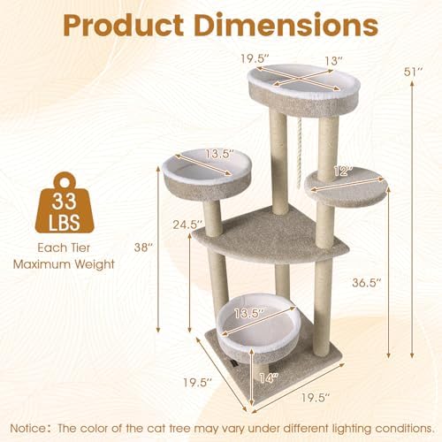 PETSITE 51-inch Modern Cat Tree, 3 Comfy Cat Beds, and Interactive Sisal Rope - Image 3