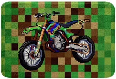 Cool Motorcycle Bath Rug, Pixelated Geometric Grid Shaggy Absorbent Non Slip by Manfei
