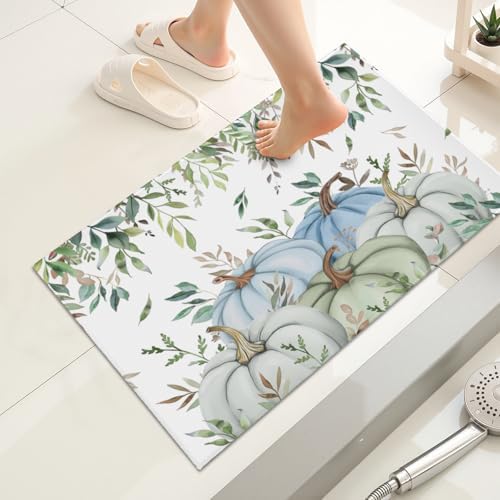 Giwawa Fall Blue Pumpkin Bath Rug Autumn Harvest Bathtub Mat Non Slip Absorbent - Image 2