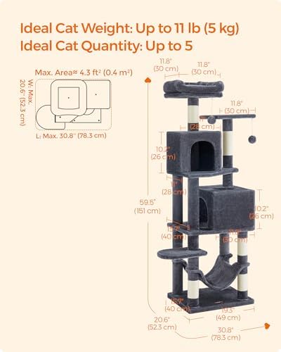 Feandrea Cat Tree, 59.5-Inch Tall Cat Tower, Smoky Gray - Image 5
