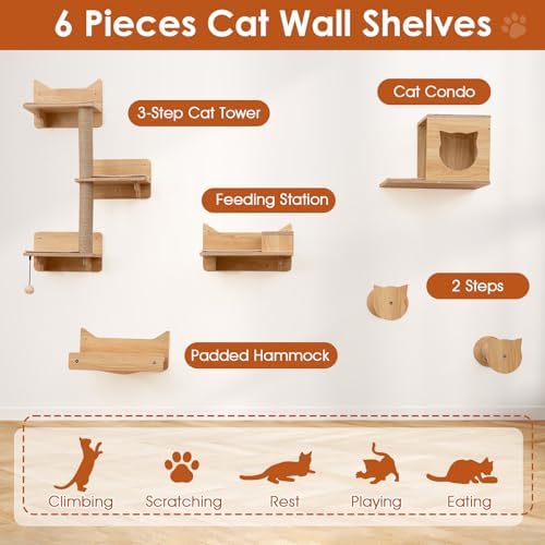 Tangkula Cat Wall Shelves, 6 Pieces Wooden Wall Mounted Kitten Furniture Set - Image 3