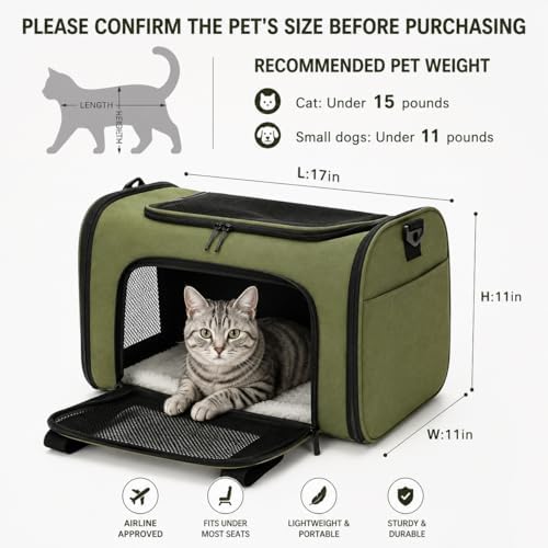 Pet Carrier for Cats and Dogs Up to 15 lb, Olive Green - Image 3
