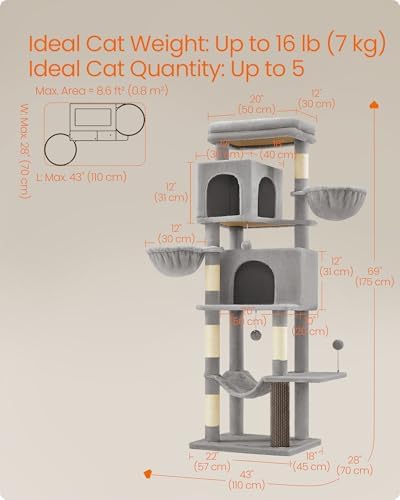 Feandrea Cat Tree, 69-in Large Cat Tower, Dove Gray - Image 5
