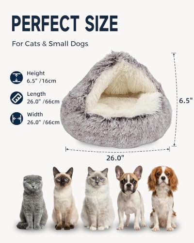 ShinHye Cat Bed Round Plush Fluffy Hooded Cat Bed Cave, Cozy - Image 2