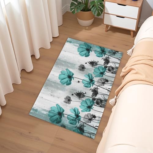 Giwawa Teal Floral Bath Rug Turquoise Flower Bath Carpet Soft Plush Absorbent - Image 6