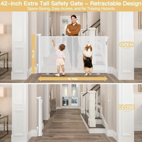 Reinforced 42" Tall Baby Gate 55" Wide Retractable Dog Gate Indoor/Outdoor - Image 3