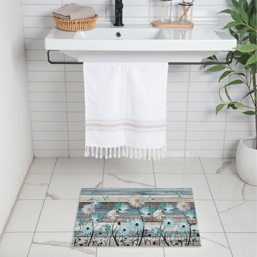 Giwawa Daisy Floral Bath Rug Rustic Wood Bathtub Mat Soft Absorbent Non Slip - Image 2