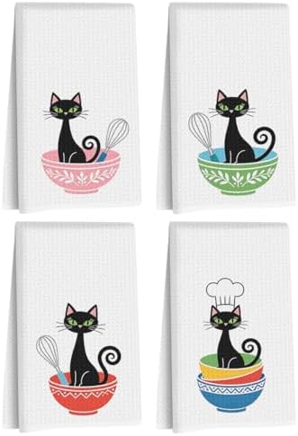 4 Pcs Cute Cat Kitchen Towels 24x14 Inch, Cats Gifts Reusable Dish Towels by Hanamiya+Na