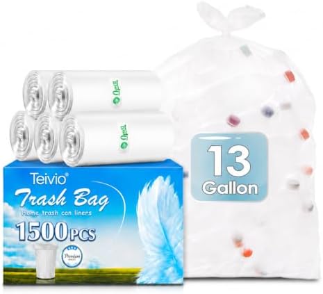 Teivio Tall Kitchen Clear Trash Bags 13 Gallon 1500 Count Garbage Bags by Teivio